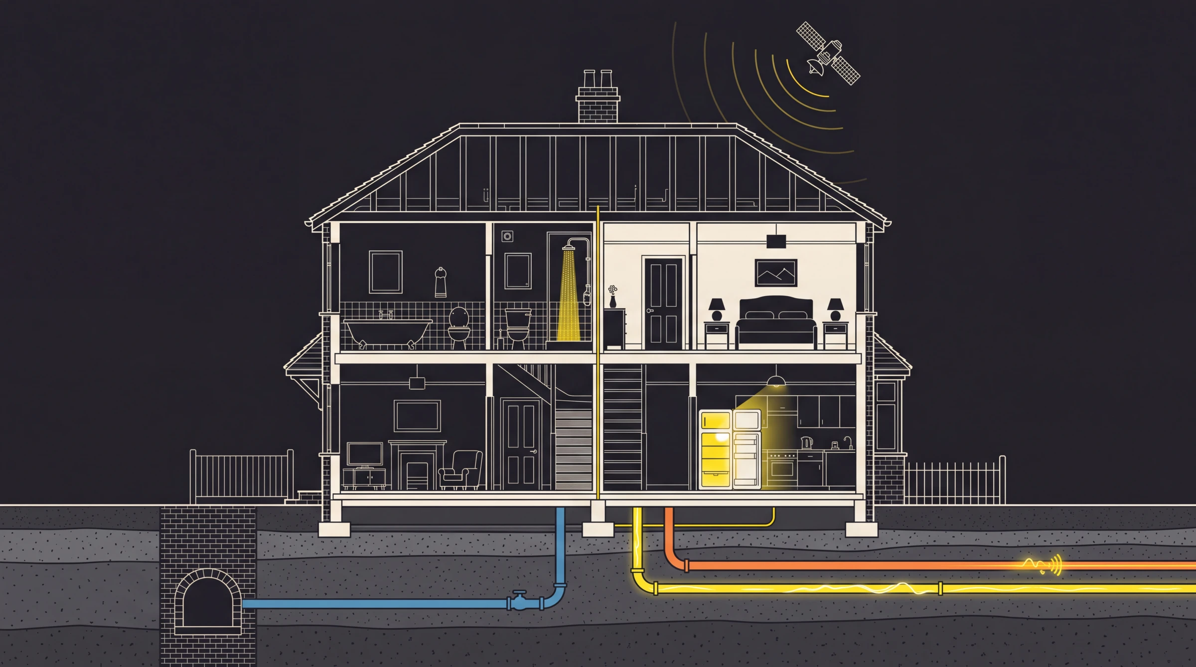 Cutaway of a British house showing the sewer, water, energy and data connections beneath it