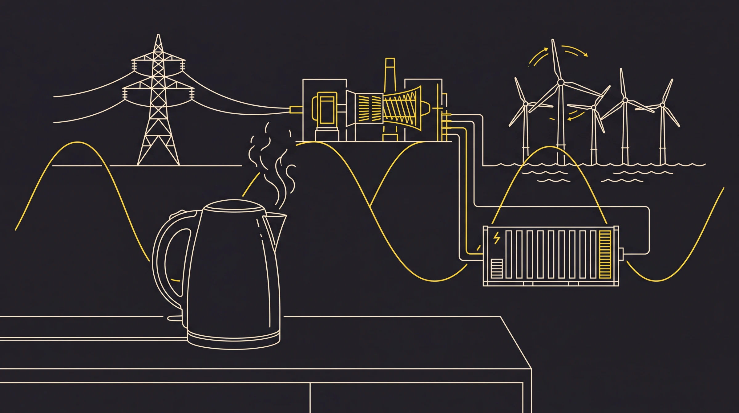 A kettle connected to pylons, wind turbines and grid-scale batteries