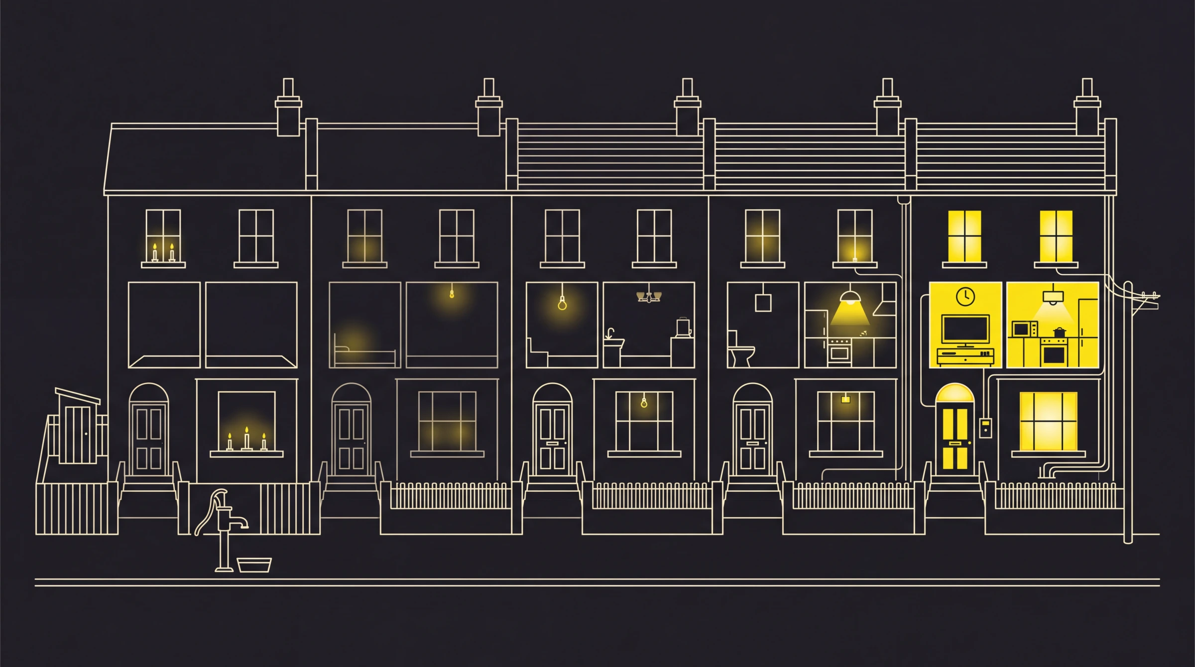 Five terraced houses losing layers of modern technology as time rewinds