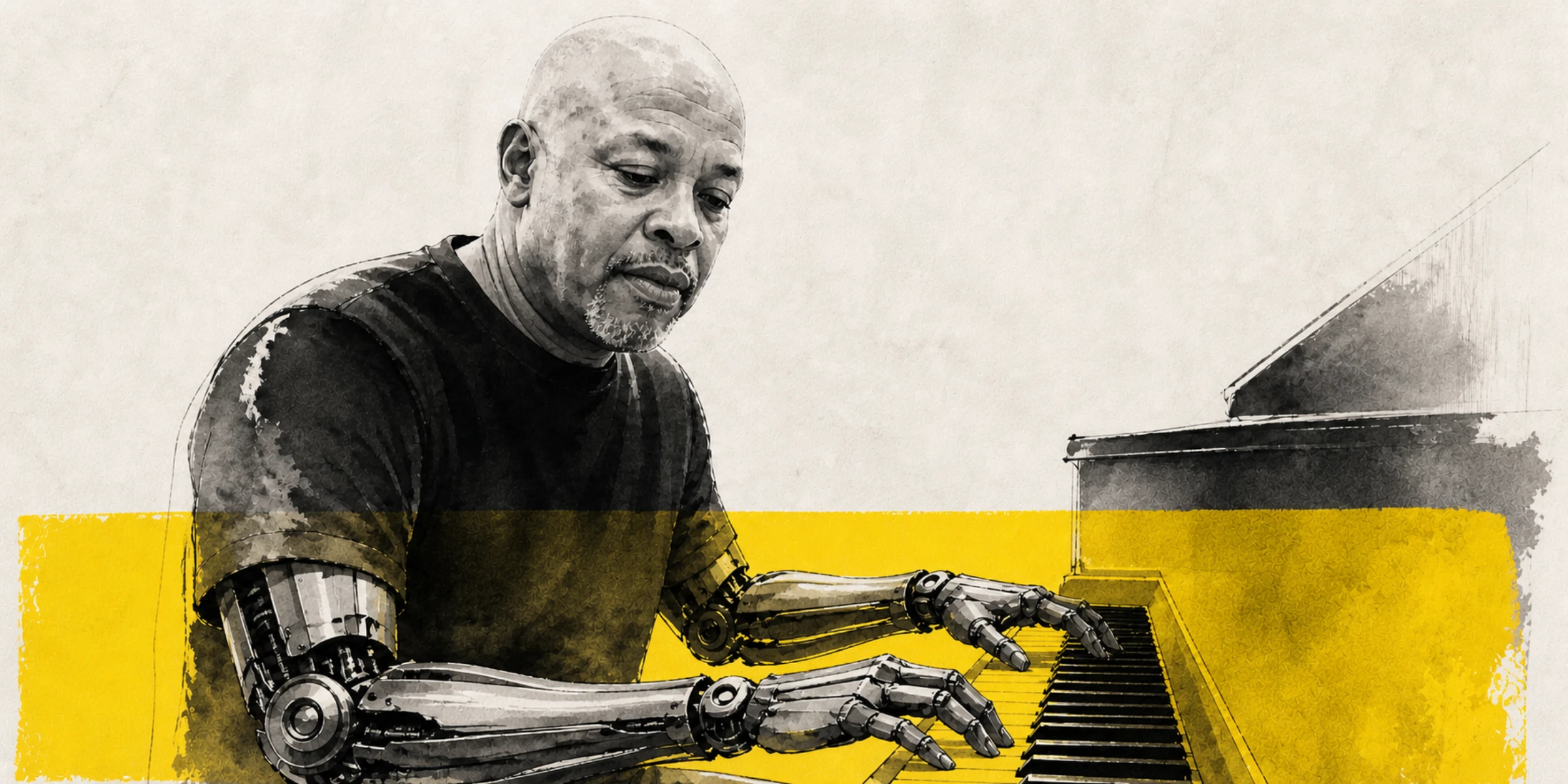Ink illustration of Dr Dre as a robot playing piano