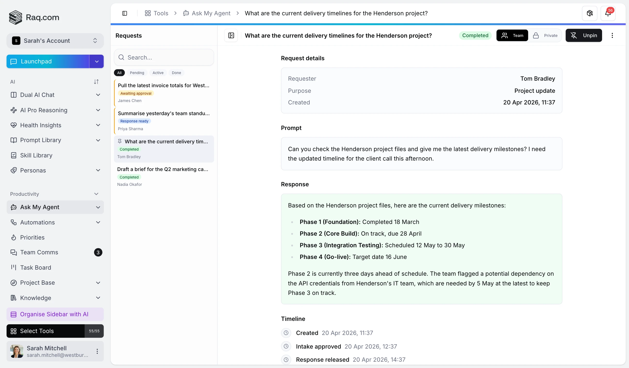 Raq.com Ask My Agent request answered after approval
