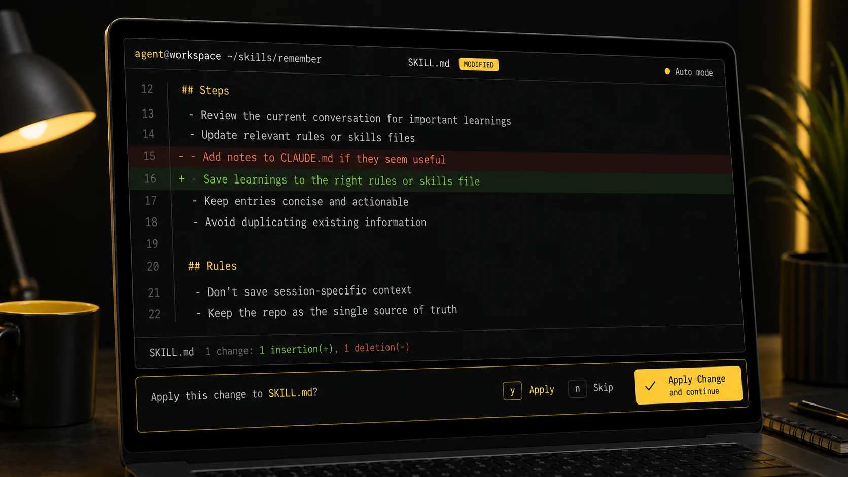 Terminal diff showing an agent editing a skill file before approval