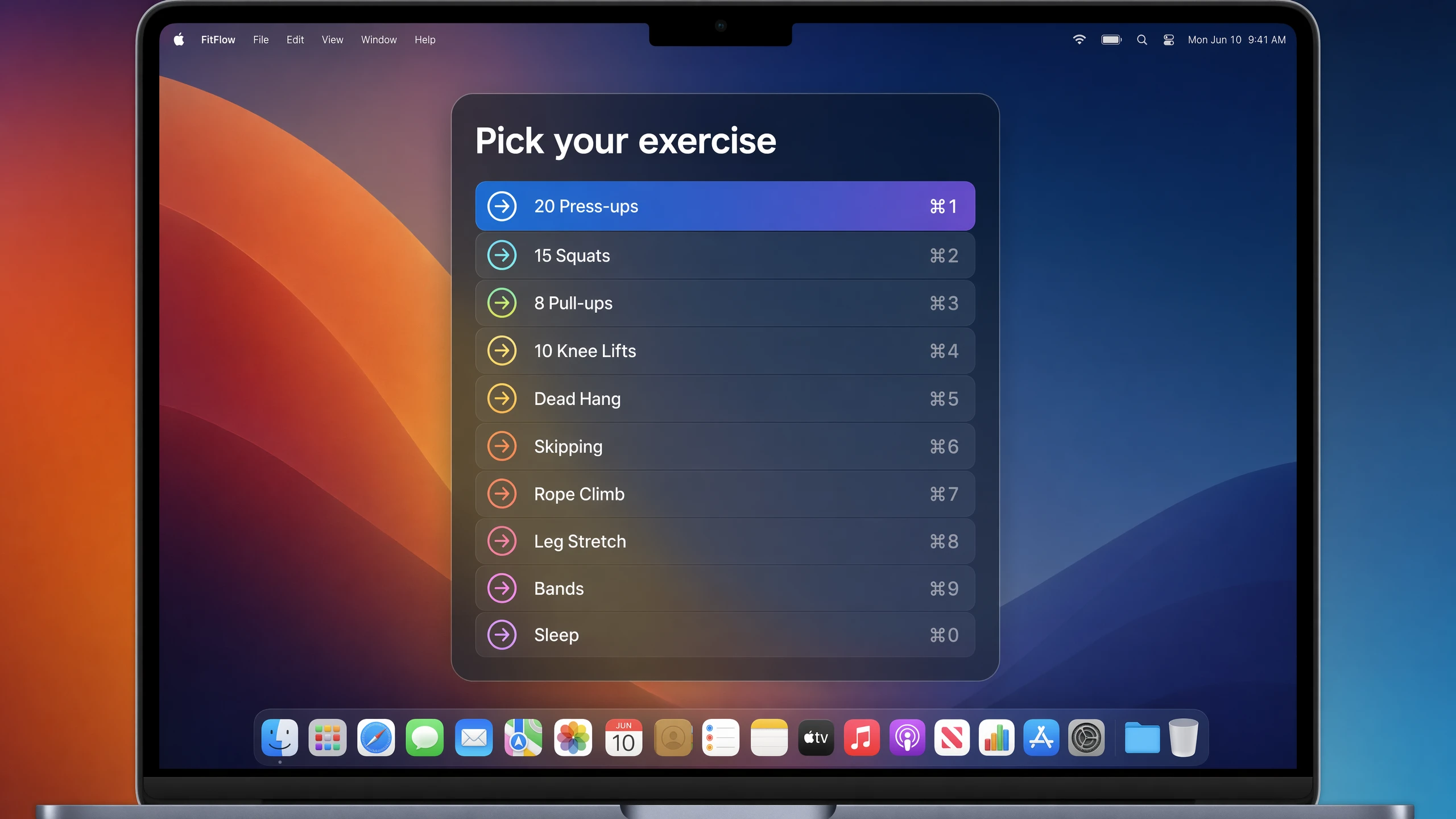 A macOS exercise picker showing a list of exercises with keyboard shortcuts