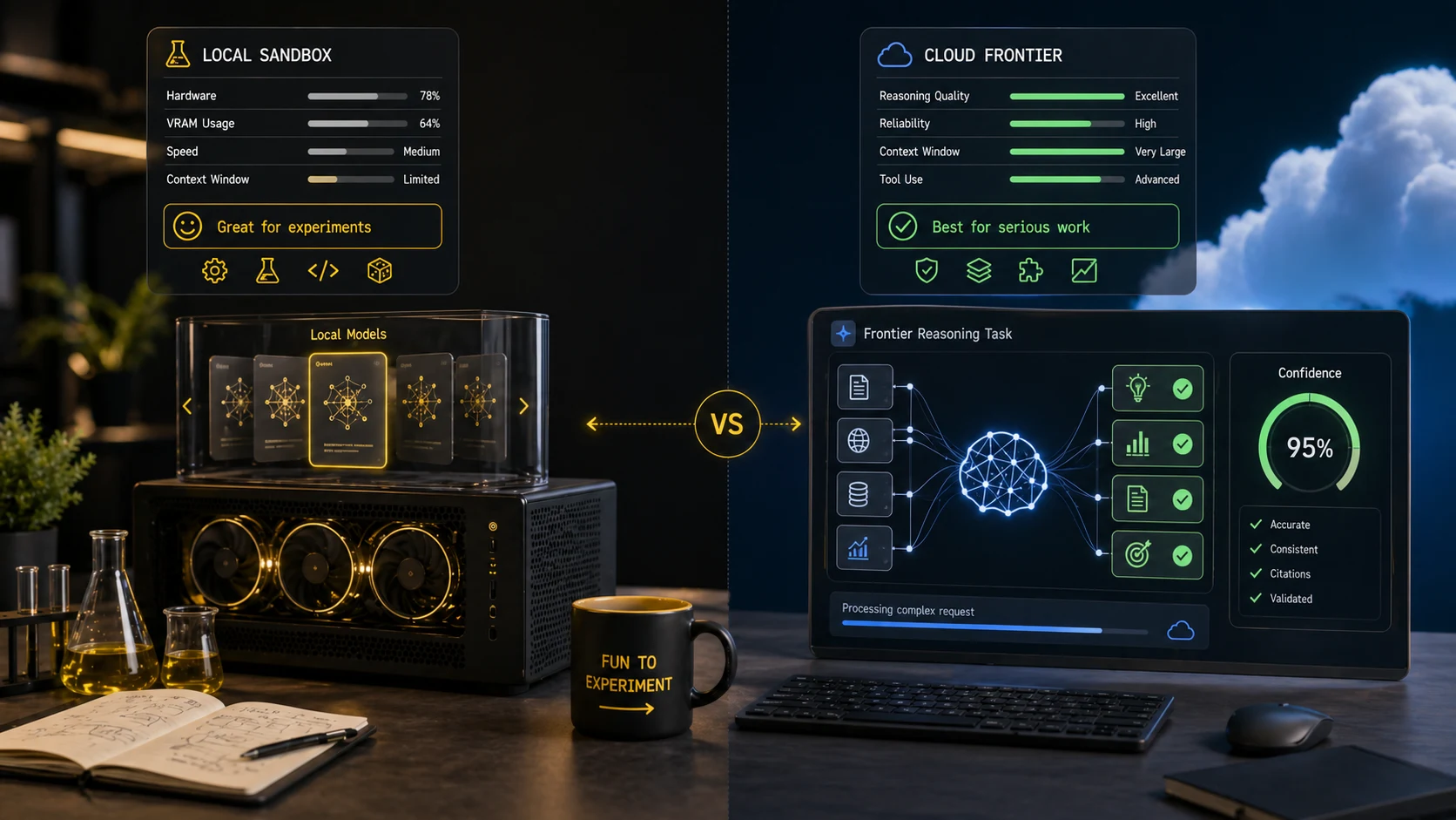 Local AI model sandbox compared with a frontier cloud model workflow