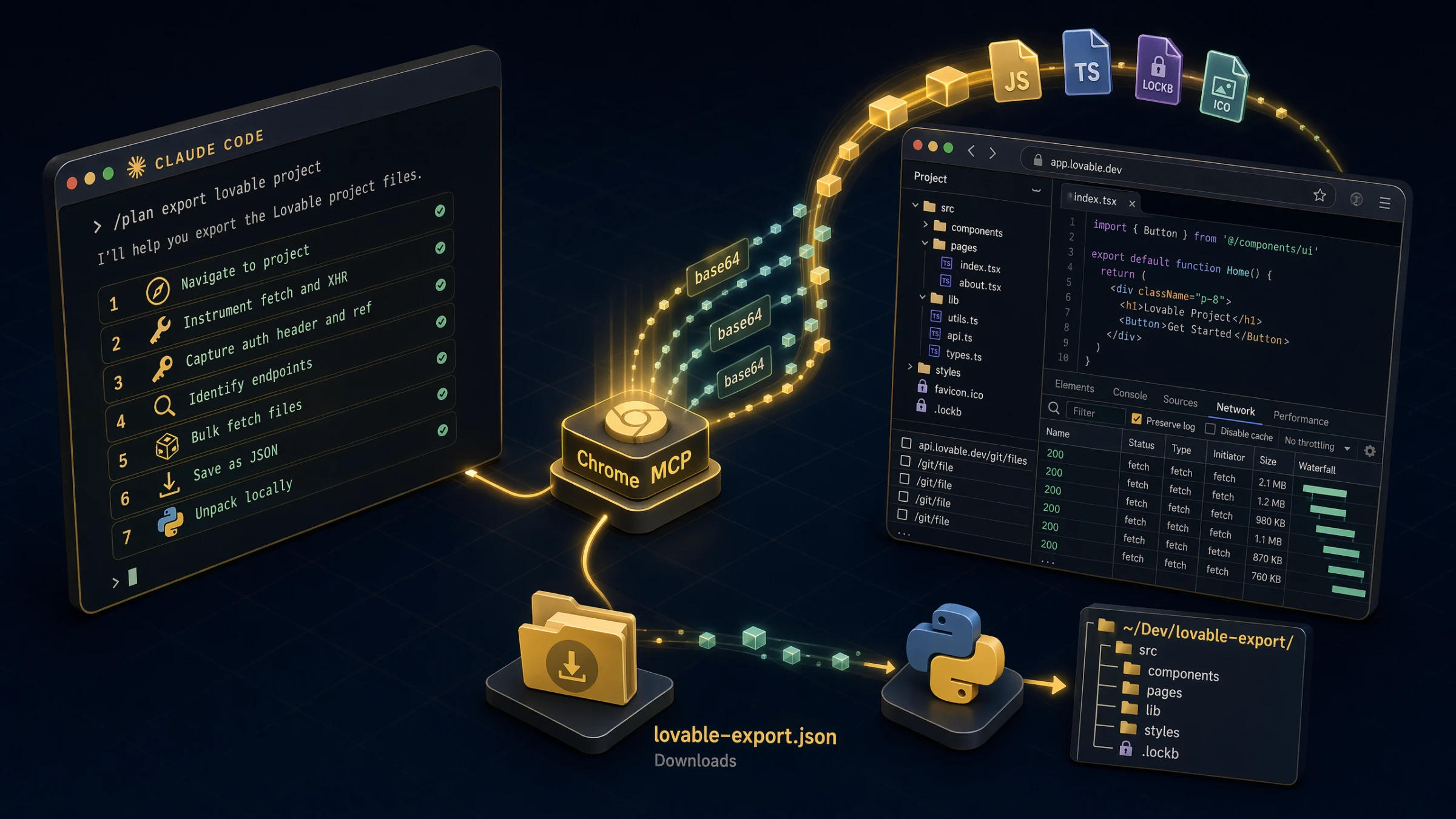 Agent extracting a Lovable codebase via an authenticated browser session