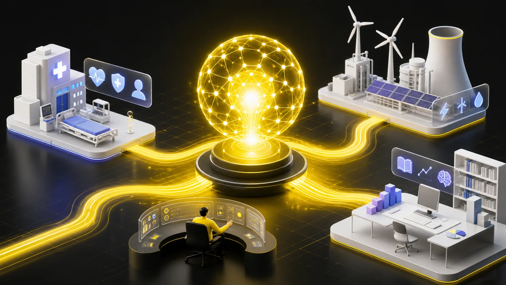 Generated visual showing AI optimism spreading through healthcare, energy and knowledge work