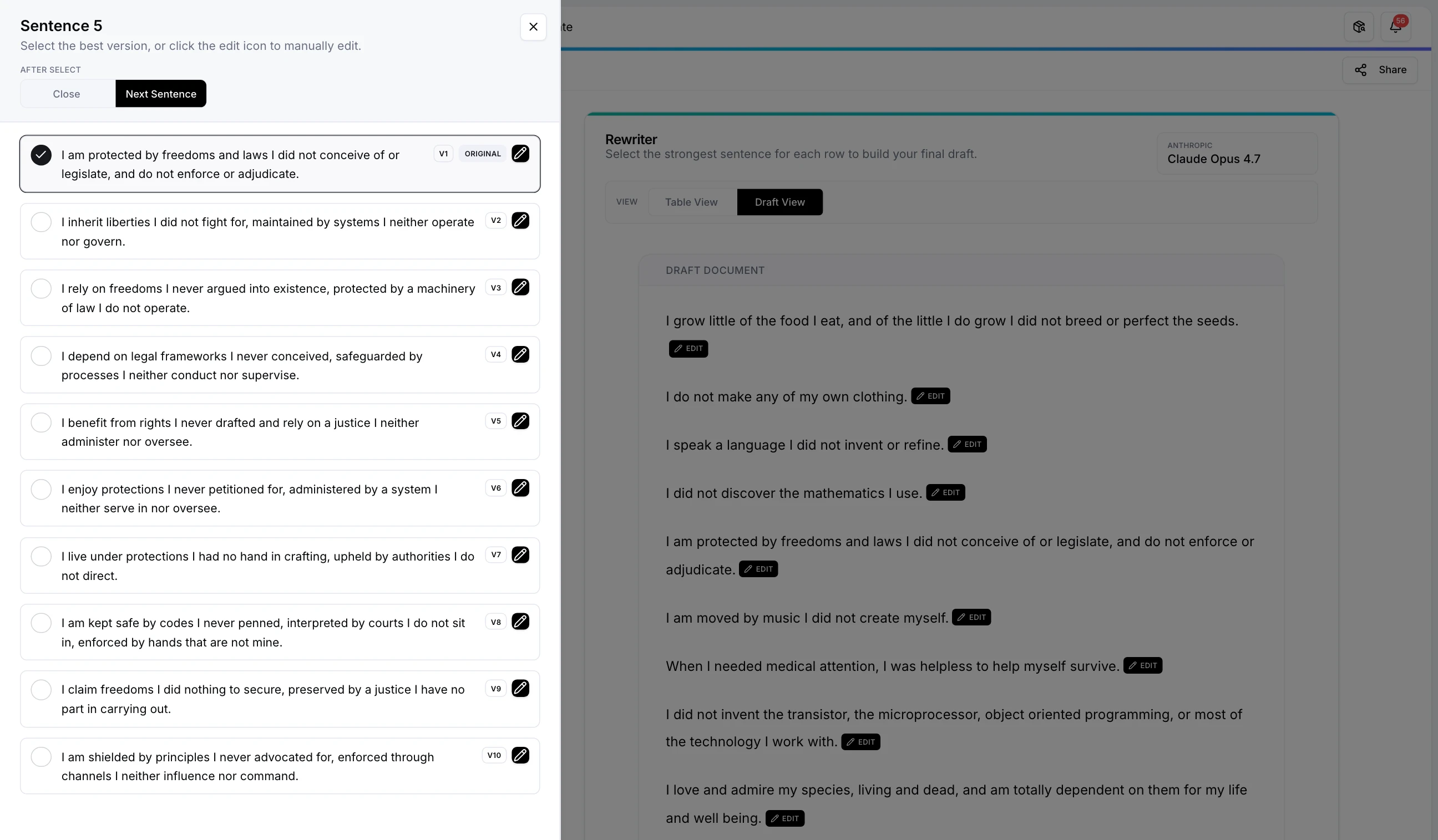 Raq.com Rewriter showing sentence options for a draft
