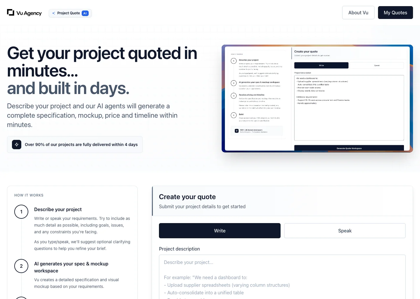 Project Quote AI homepage