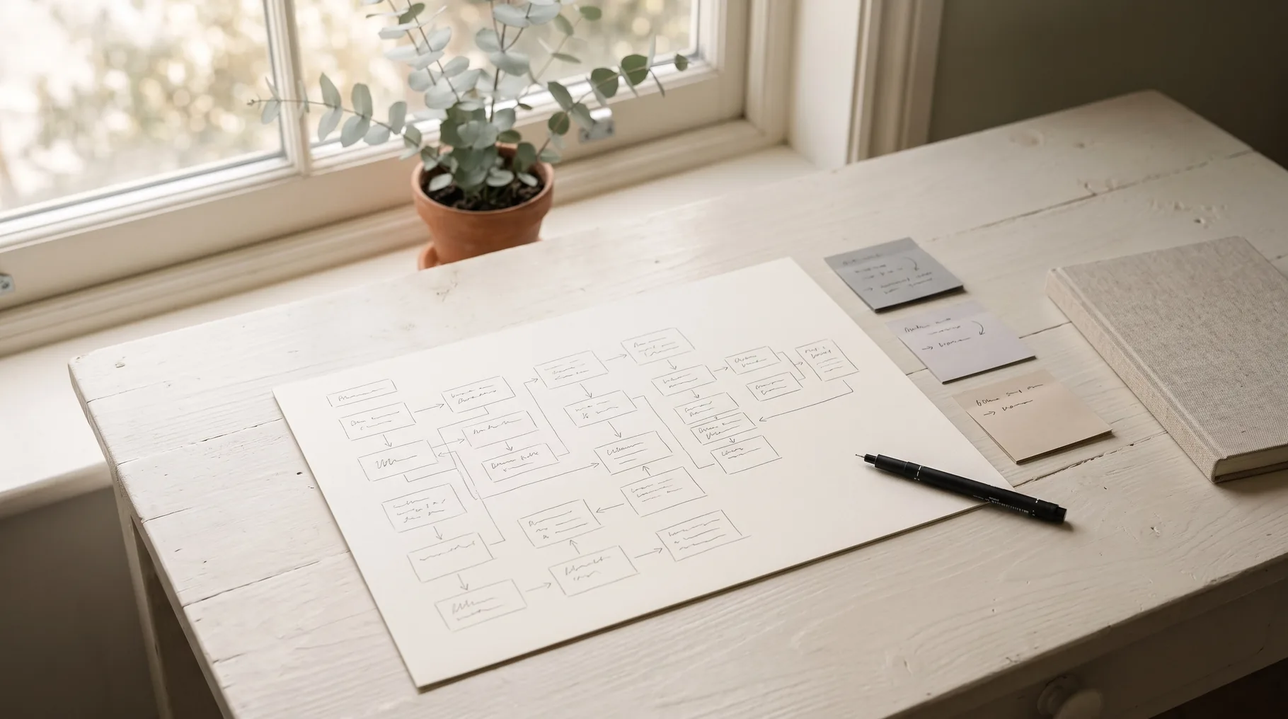 Hand-drawn process flow and notes from a Vu Agency scoping session