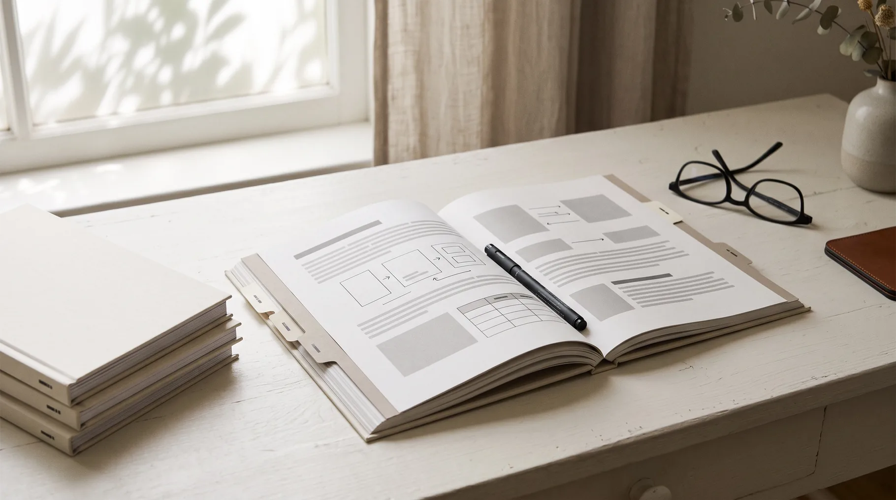 A printed, tabbed software specification open on a desk