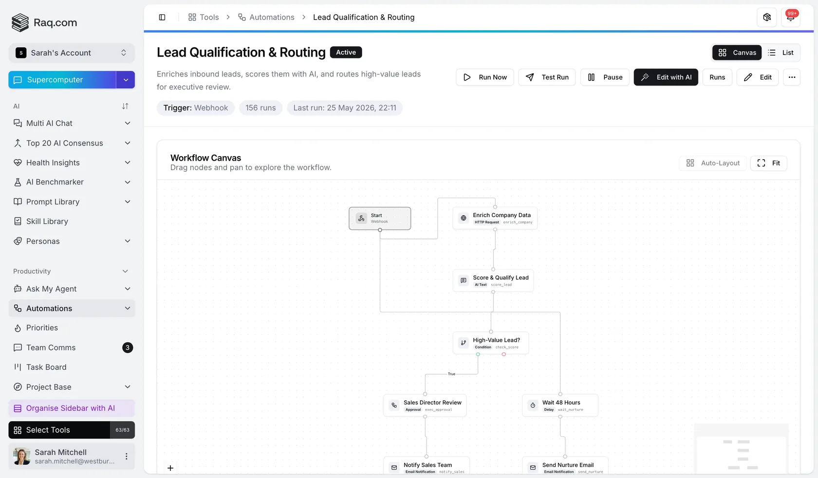 Raq.com Automations workflow canvas qualifying and routing inbound leads