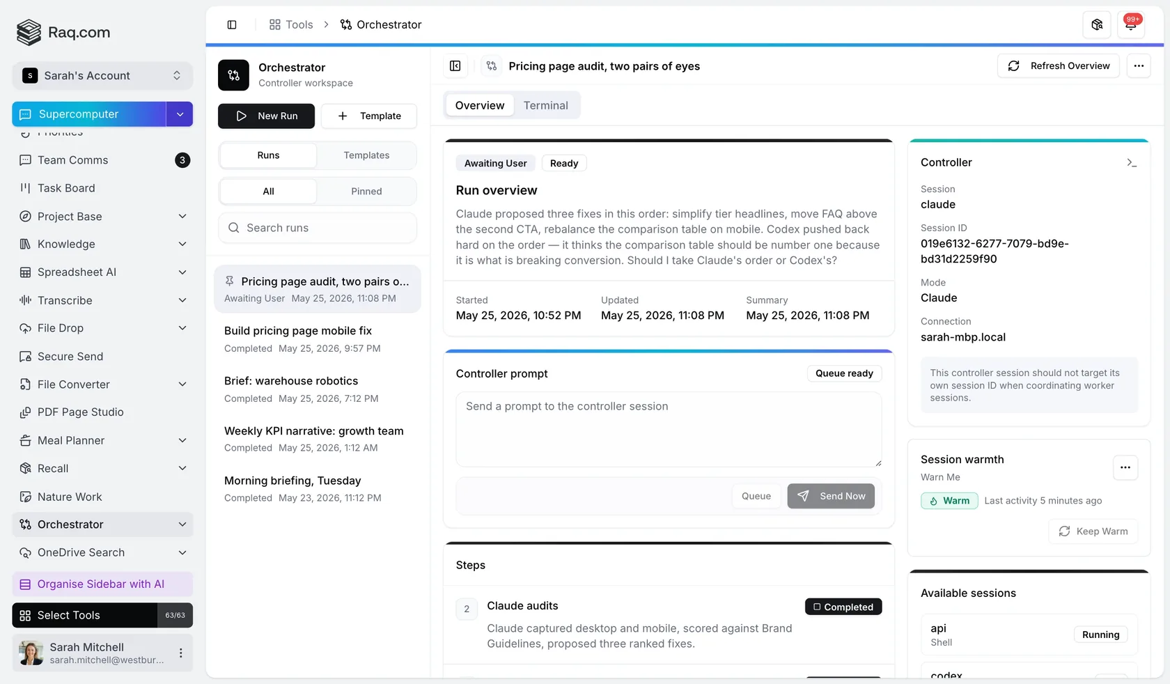 Raq.com Orchestrator workspace coordinating Claude and Codex agent sessions
